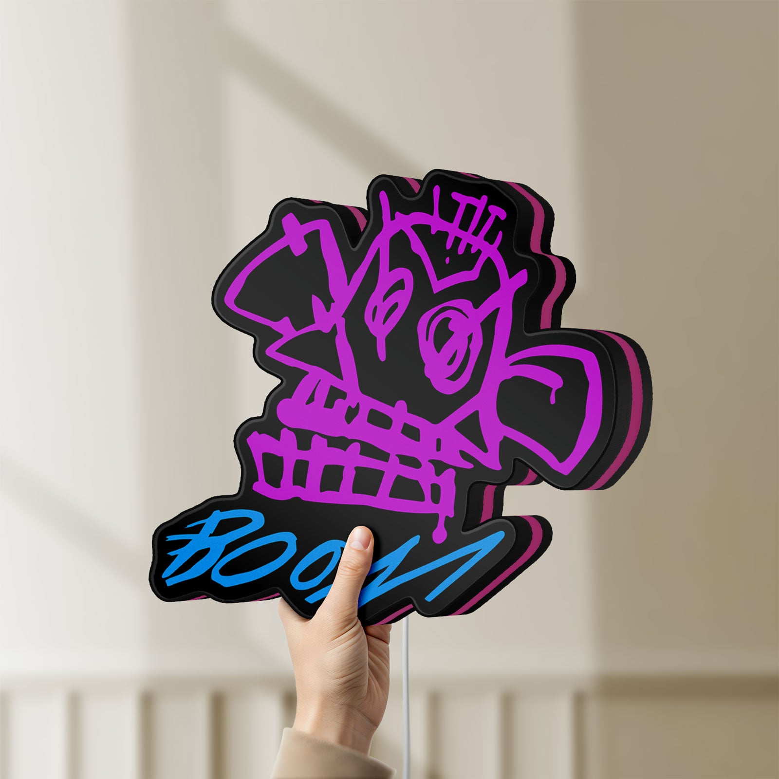 Unlit Arcane Jinx Monkey Graffiti LoL LED lightbox held by hand to show size and details