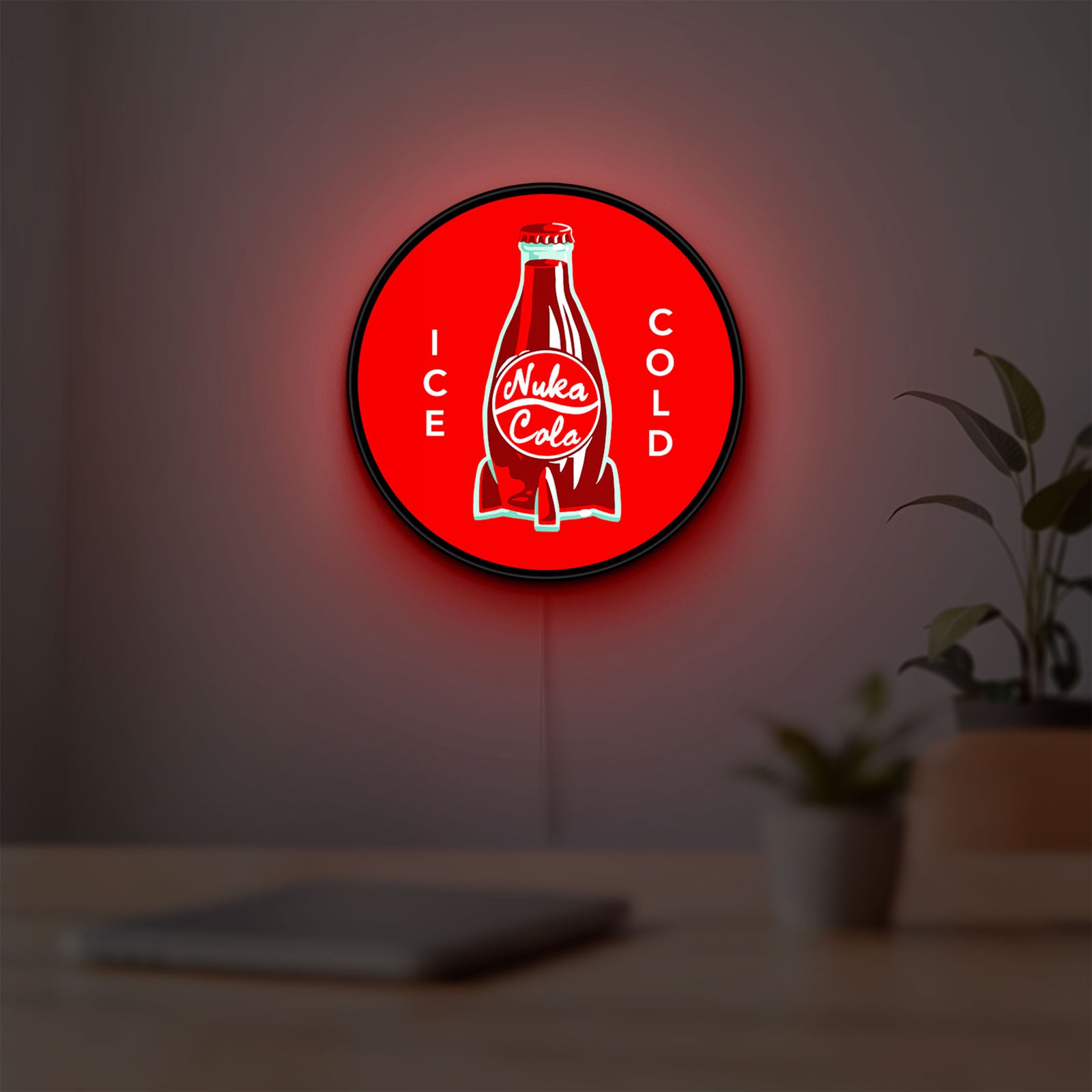 Fallout Nuka Cola Ice Cold Diner LED lightbox hanging on a room wall with soft red light