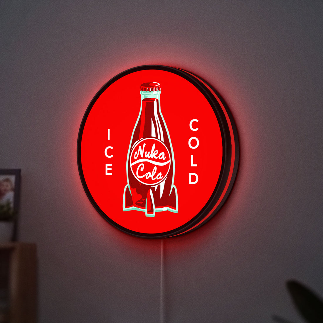 Fallout Nuka Cola Ice Cold Diner LED lightbox hanging on a wall with red glow