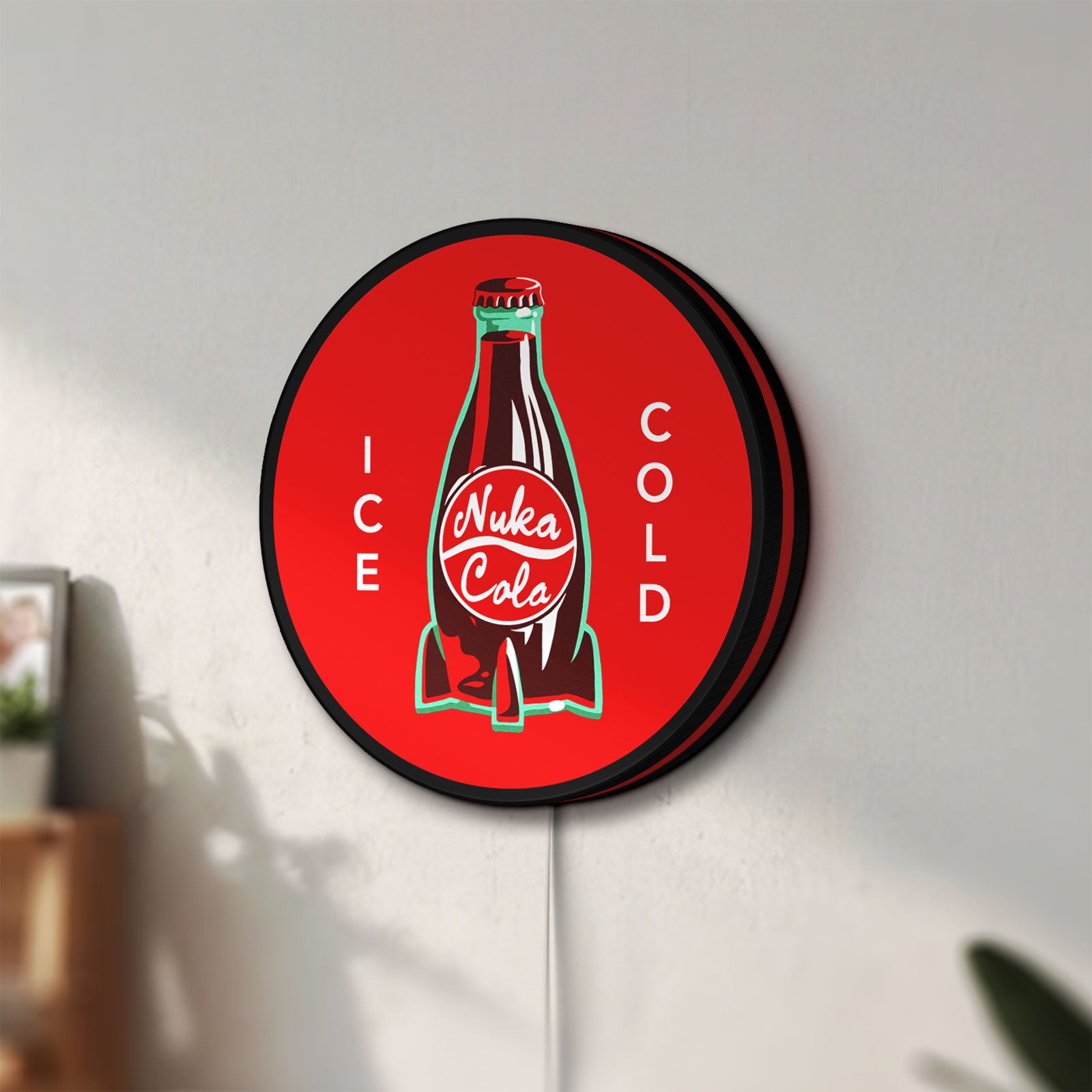 Unlit Fallout Nuka Cola Ice Cold Diner LED lightbox mounted on a wall in daylight