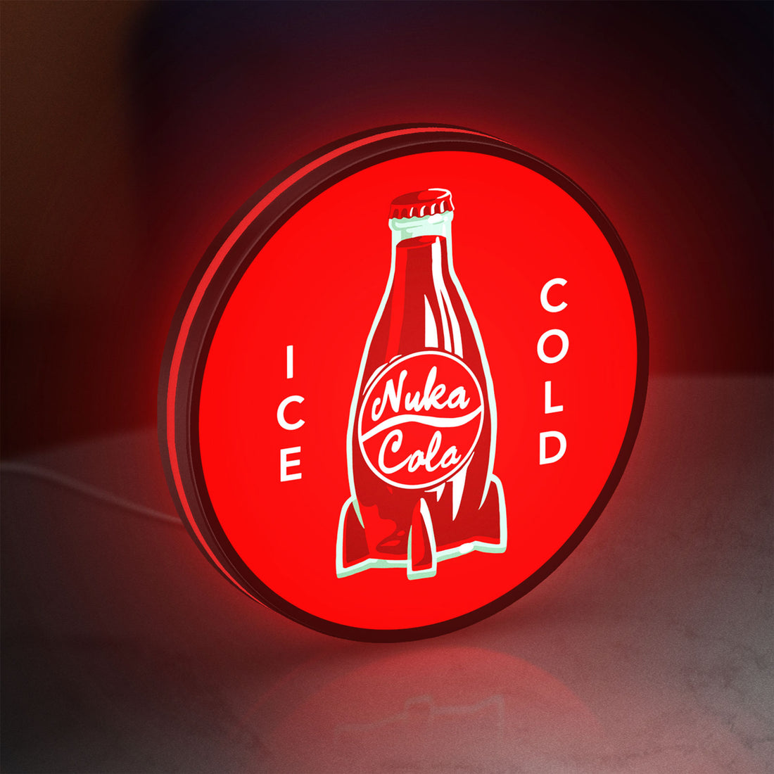 Fallout Nuka Cola Ice Cold Diner LED lightbox hanging on a wall with red glow