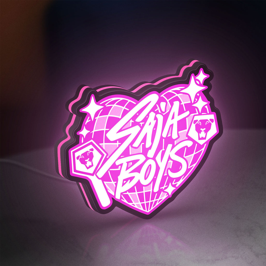 K-Pop Finger Heart Korean Idol LED lightbox hanging on a wall with pink glow