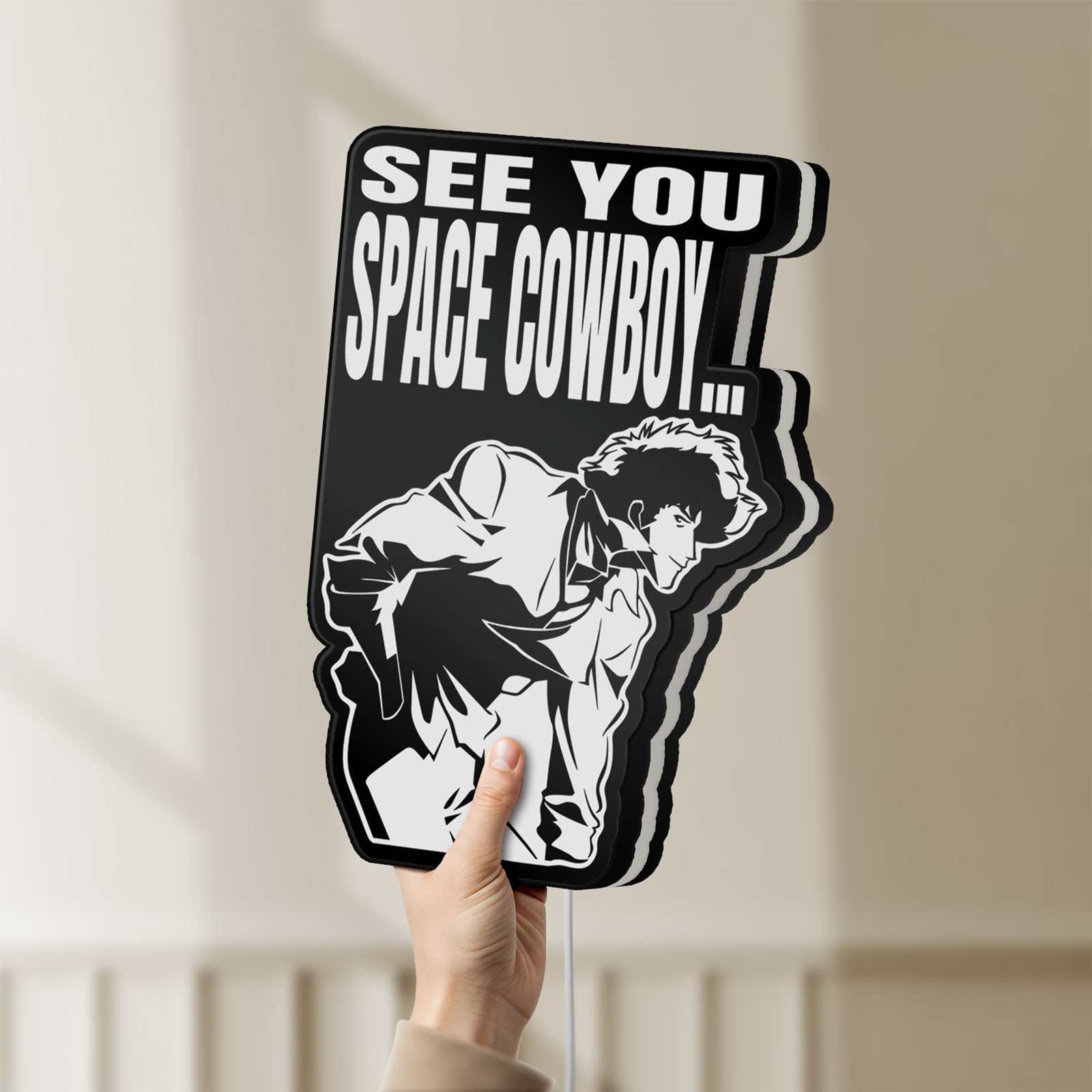 Unlit Cowboy Bebop See You Space Cowboy LED lightbox held by hand to show size and details