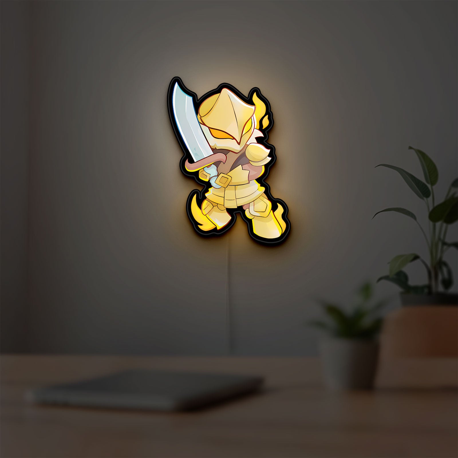 Slay the Spire Roguelike Game LED lightbox hanging on a room wall with soft yellow light