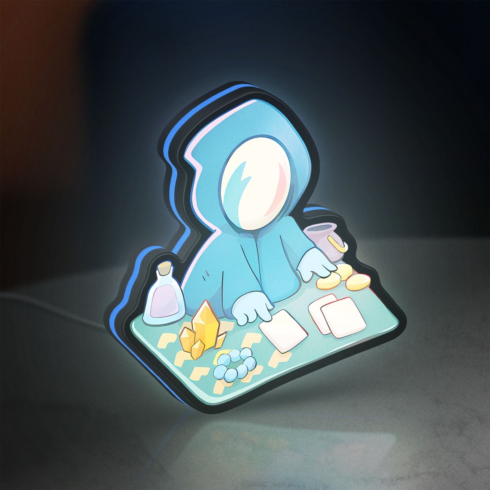 Slay the Spire Roguelike Game LED lightbox standing on a desk from an angled side view with blue glow