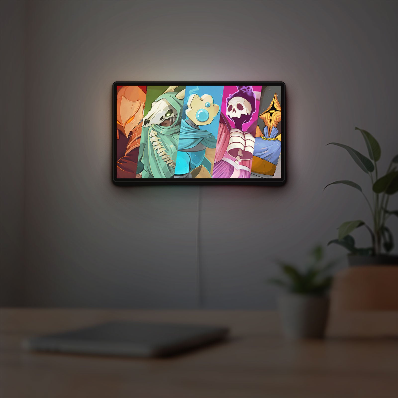 Slay the Spire Roguelike Game LED lightbox hanging on a room wall with soft white light