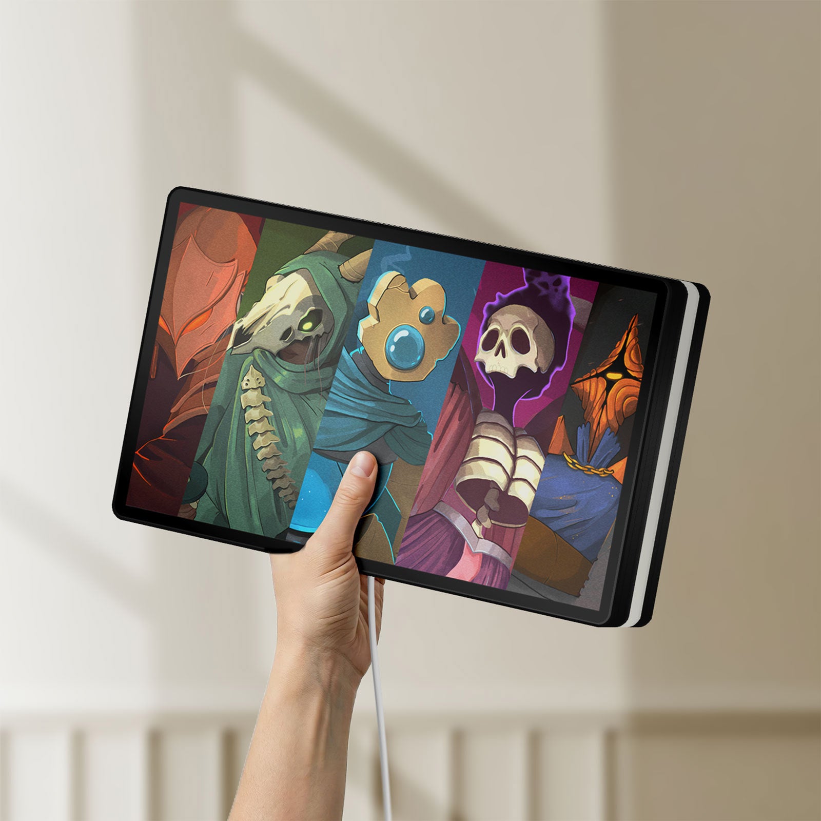 Unlit Slay the Spire Roguelike Game LED lightbox held by hand to show size and details
