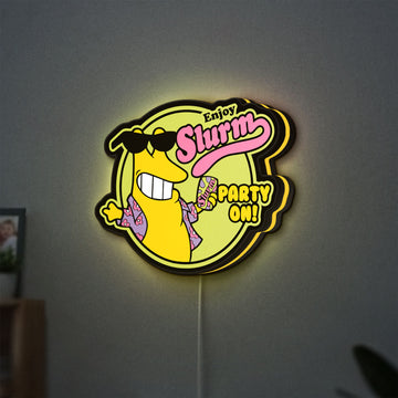 Futurama Slurm Cola Sci-Fi Comedy LED lightbox hanging on a wall with yellow glow