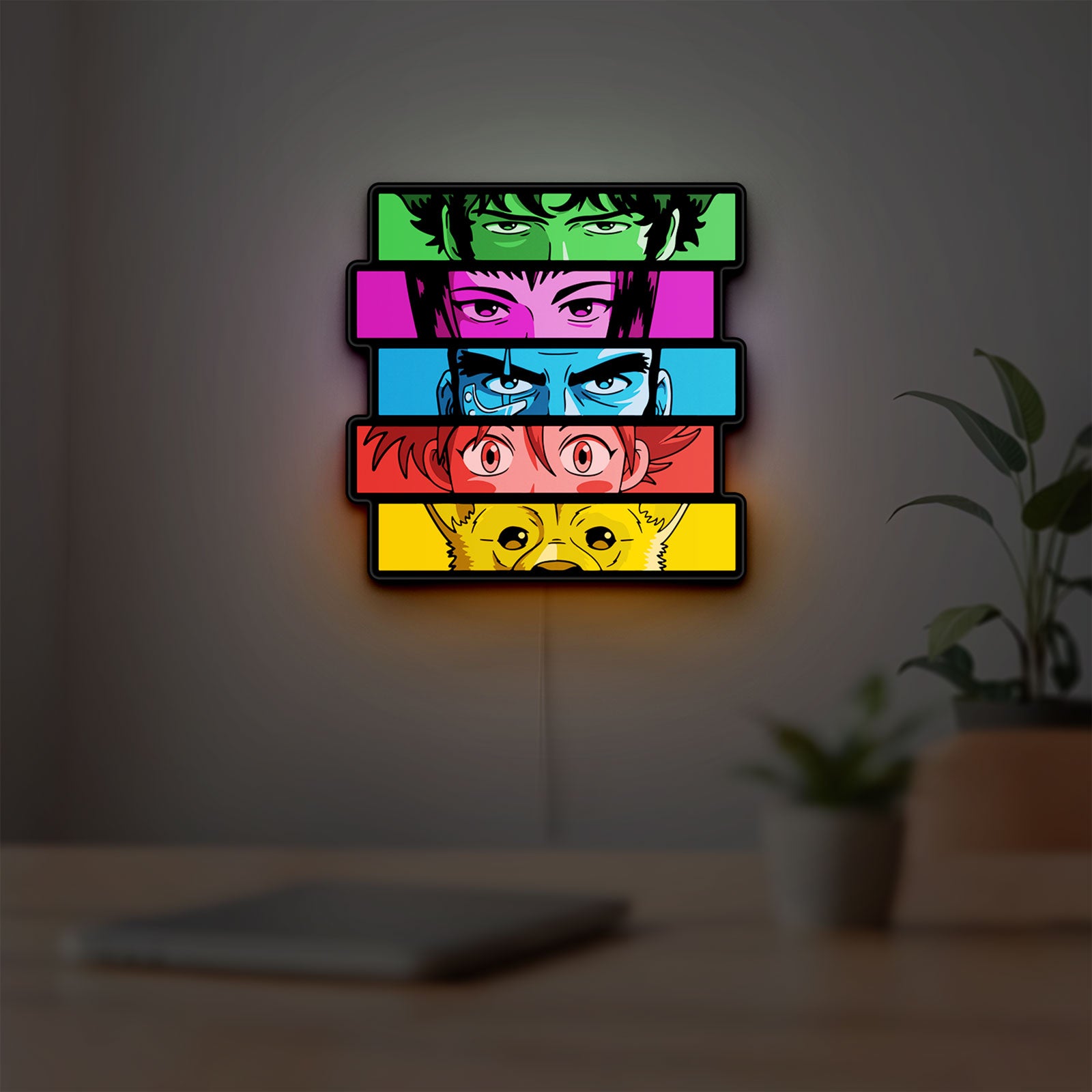 Cowboy Bebop Spike Spiegel Anime LED lightbox hanging on a room wall with soft white light