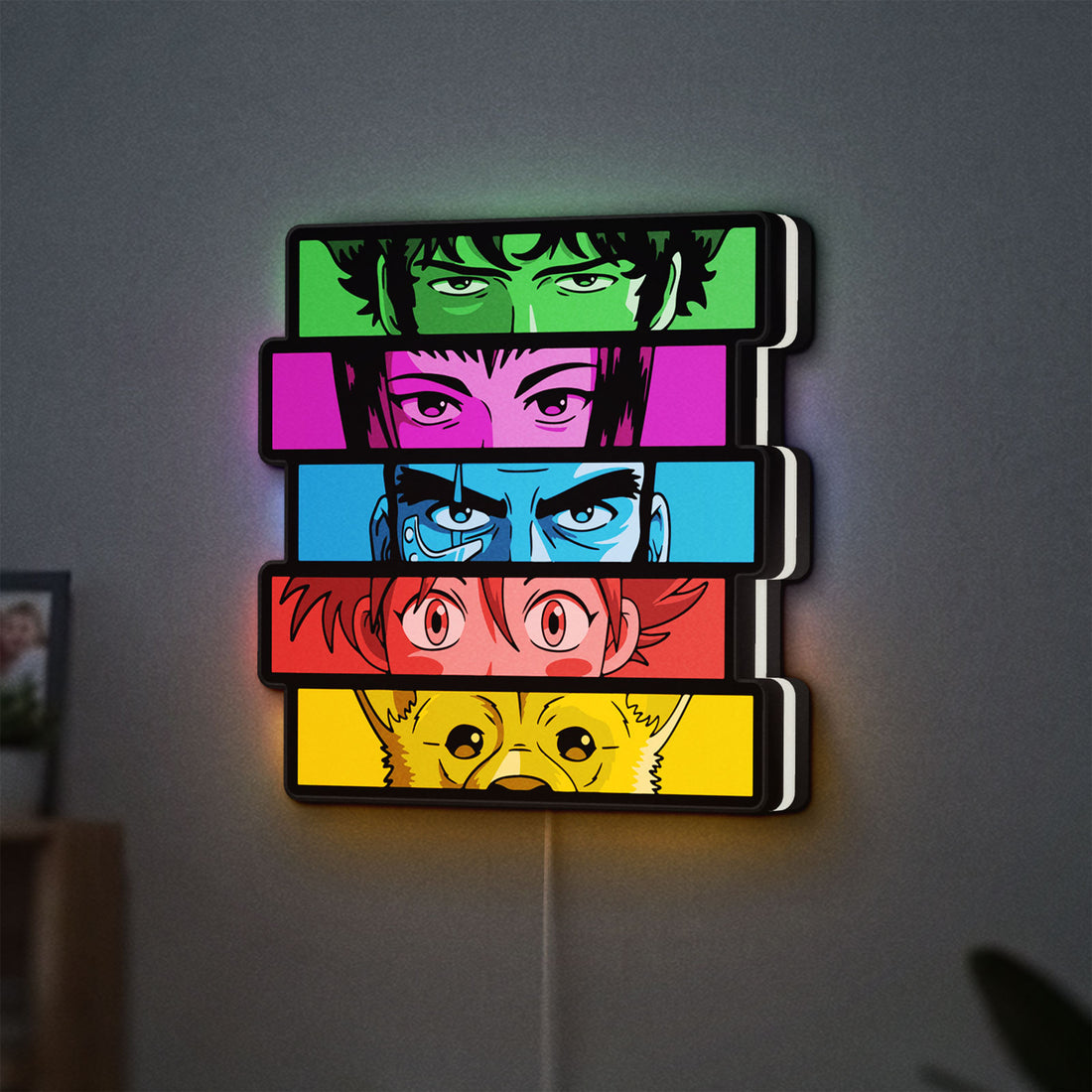 Cowboy Bebop Spike Spiegel Anime LED lightbox hanging on a wall with white glow