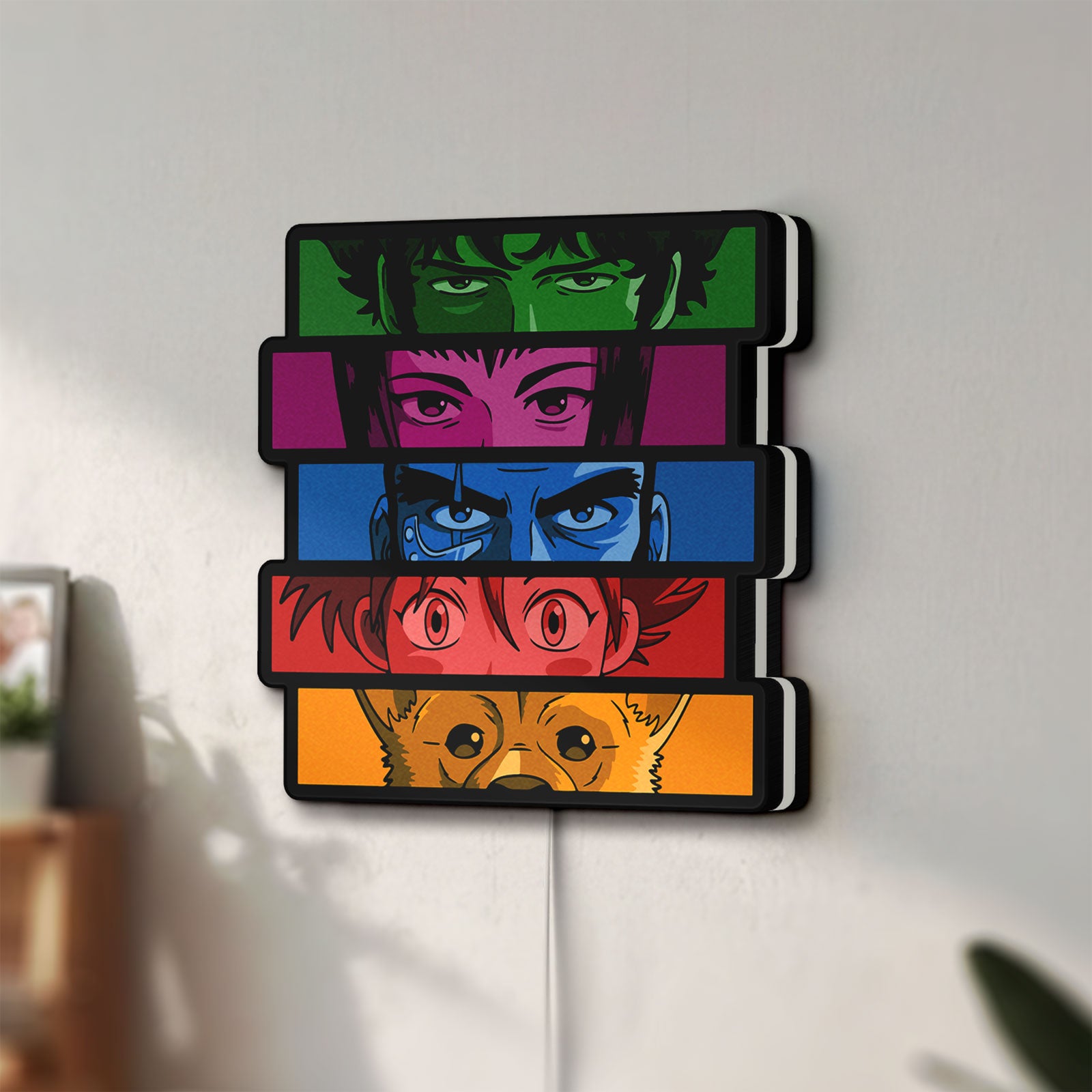 Unlit Cowboy Bebop Spike Spiegel Anime LED lightbox mounted on a wall in daylight