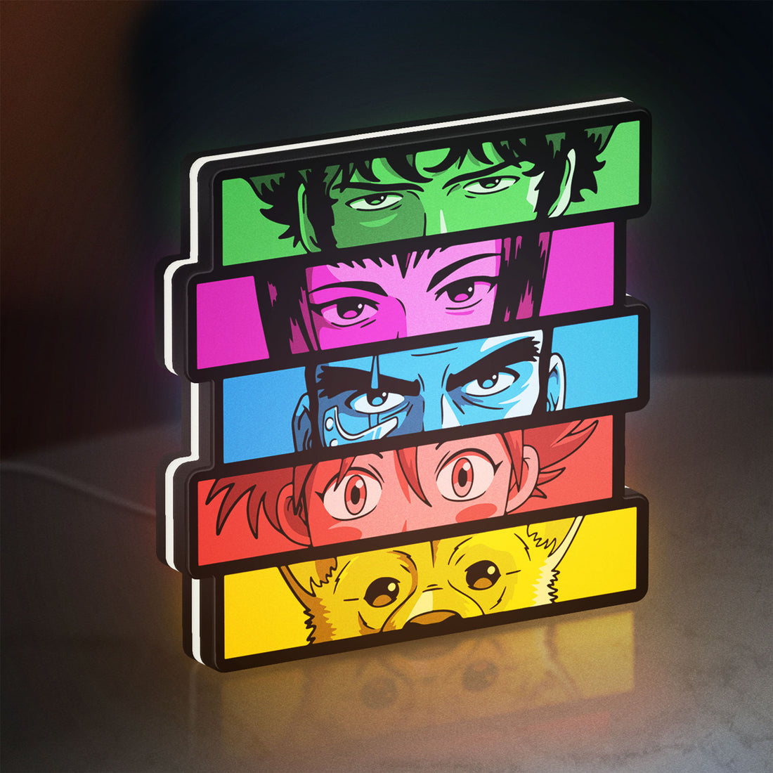 Cowboy Bebop Spike Spiegel Anime LED lightbox hanging on a wall with white glow