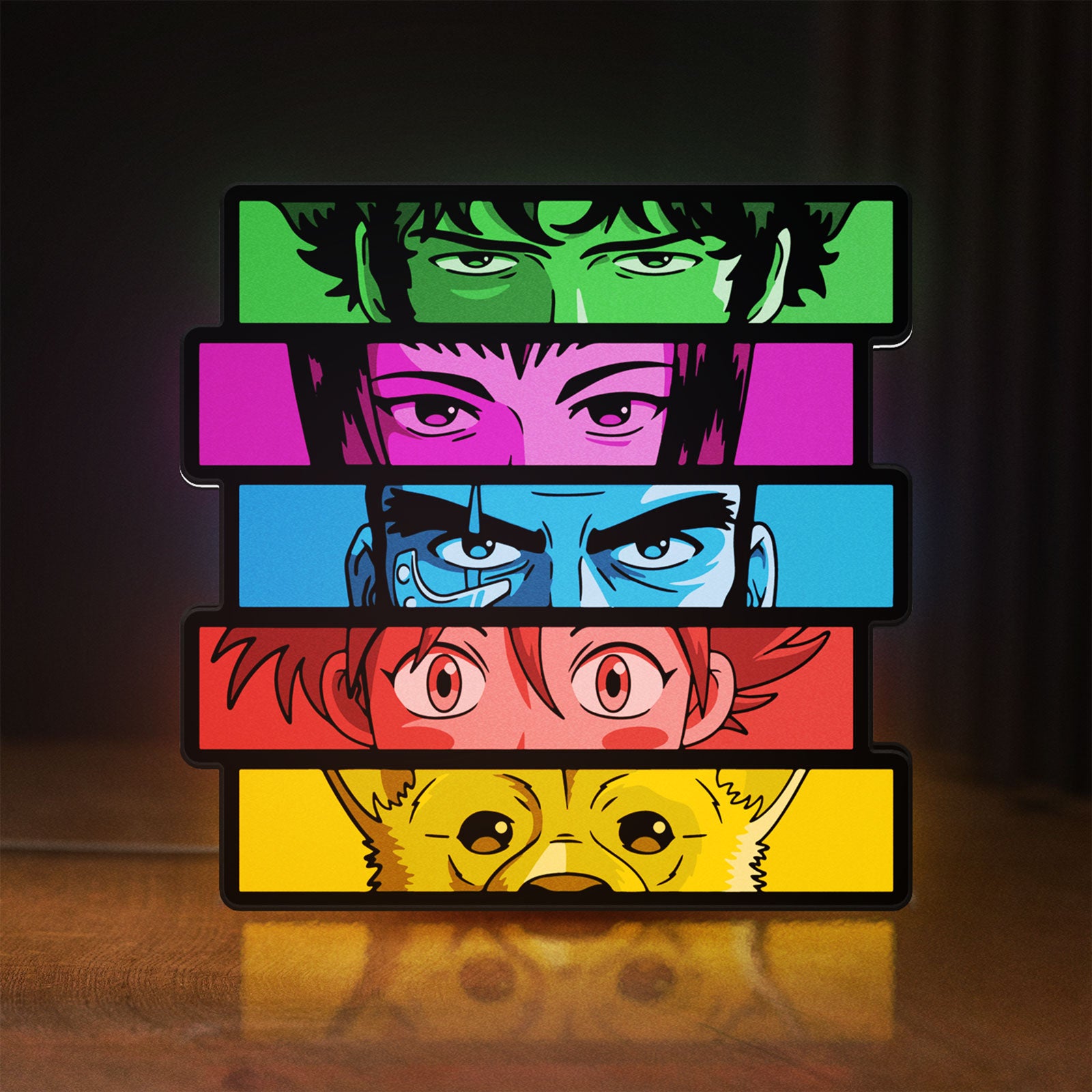 Front view of Cowboy Bebop Spike Spiegel Anime LED lightbox sign glowing on a wooden desk