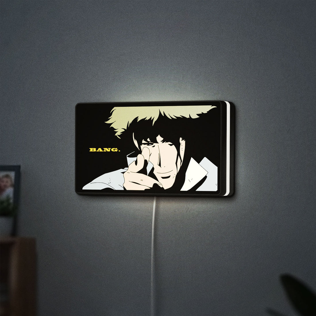 Cowboy Bebop Spike Spiegel Anime LED lightbox hanging on a wall with white glow