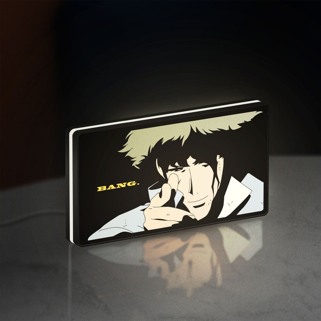 Cowboy Bebop Spike Spiegel Anime LED lightbox hanging on a wall with white glow