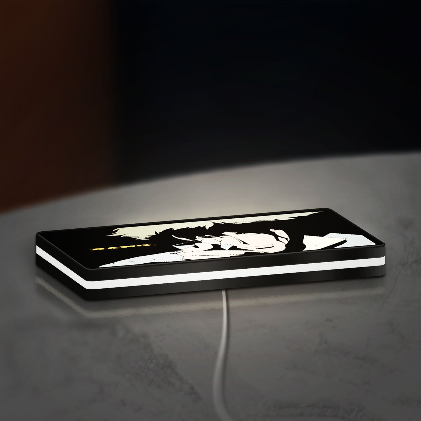 Cowboy Bebop Spike Spiegel Anime LED lightbox lying flat on a desk with white glow