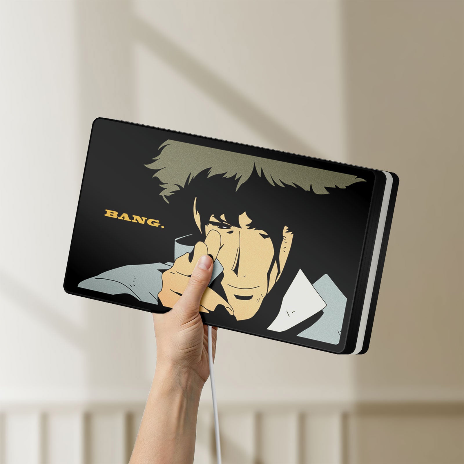 Unlit Cowboy Bebop Spike Spiegel Anime LED lightbox held by hand to show size and details