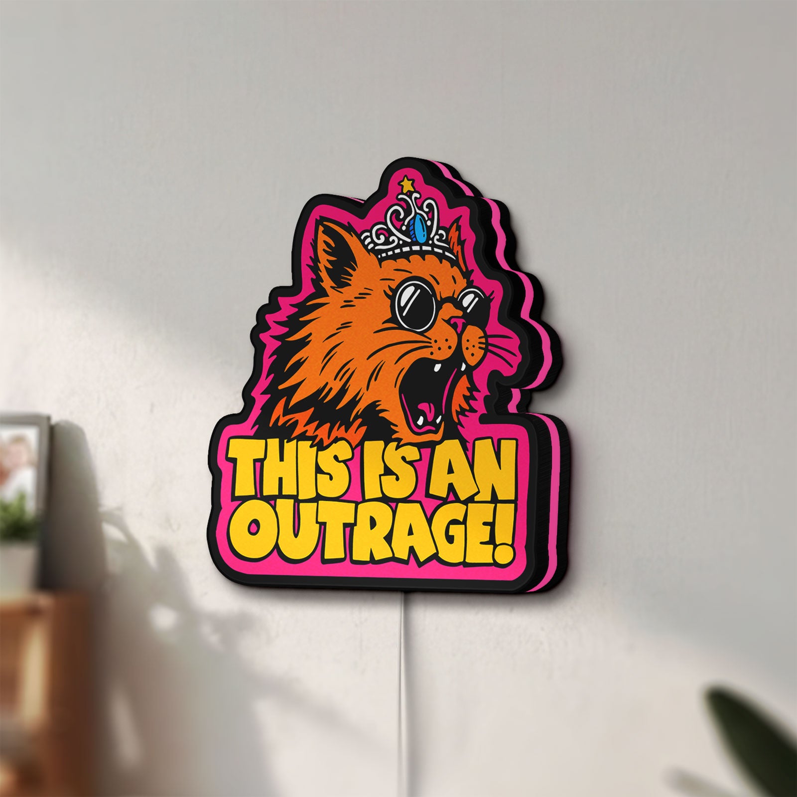 Unlit This is an Outrage Meme Funny Quote LED lightbox mounted on a wall in daylight