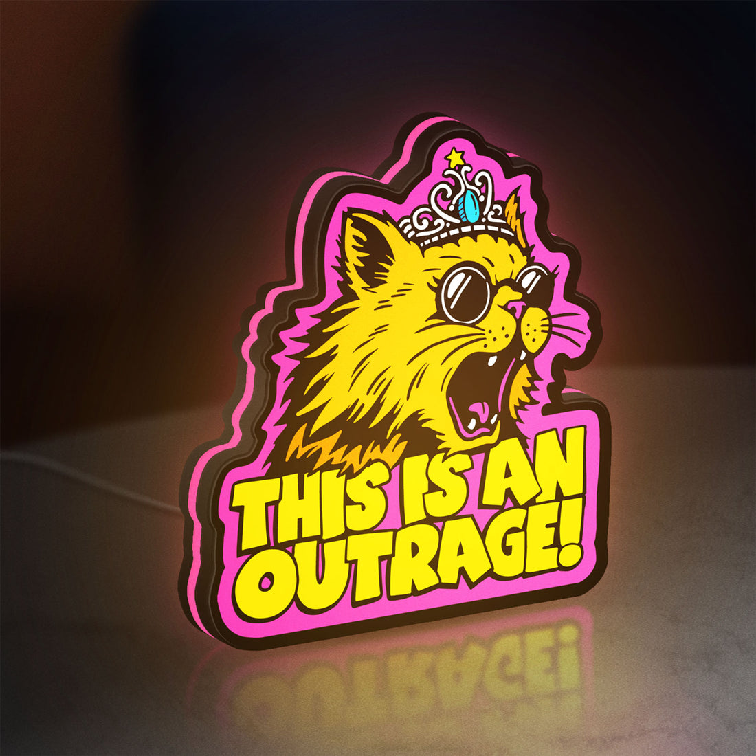 This is an Outrage Meme Funny Quote LED lightbox hanging on a wall with pink glow