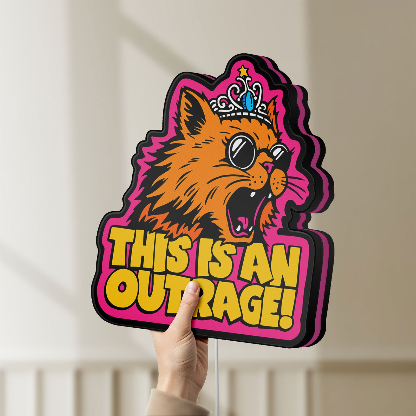 Unlit This is an Outrage Meme Funny Quote LED lightbox held by hand to show size and details
