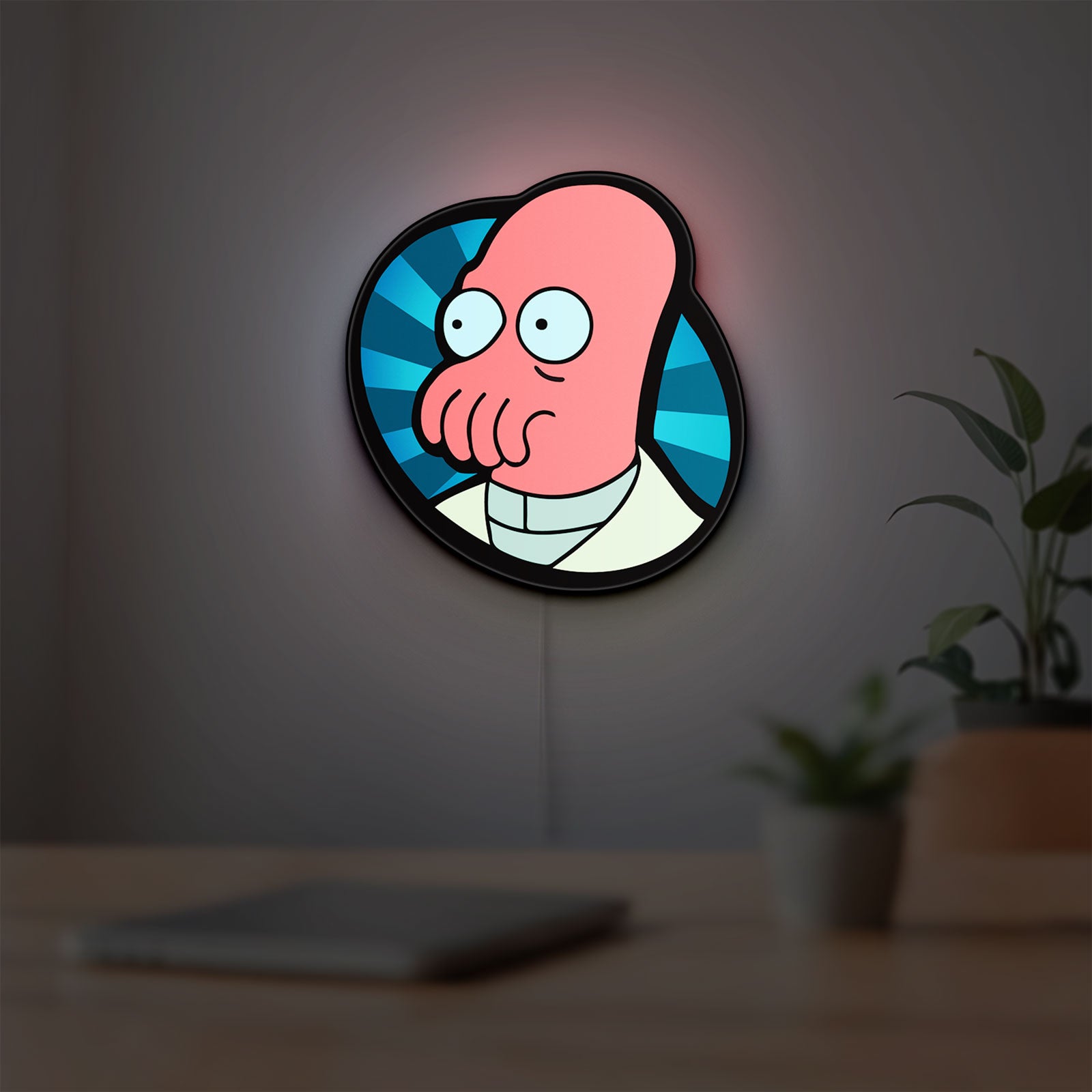 Futurama Doctor Zoidberg Comedy LED lightbox hanging on a room wall with soft blue light