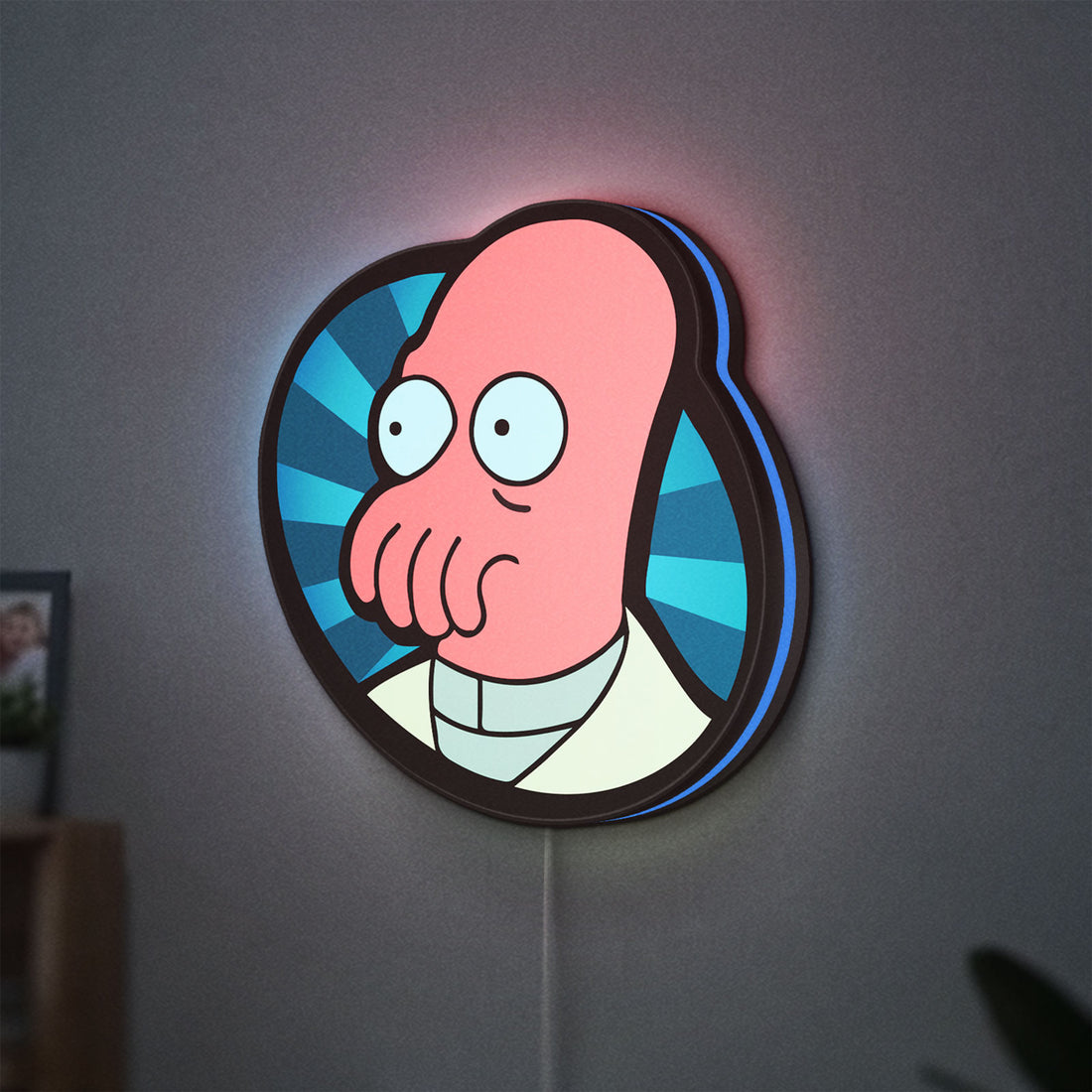 Futurama Doctor Zoidberg Comedy LED lightbox hanging on a wall with blue glow