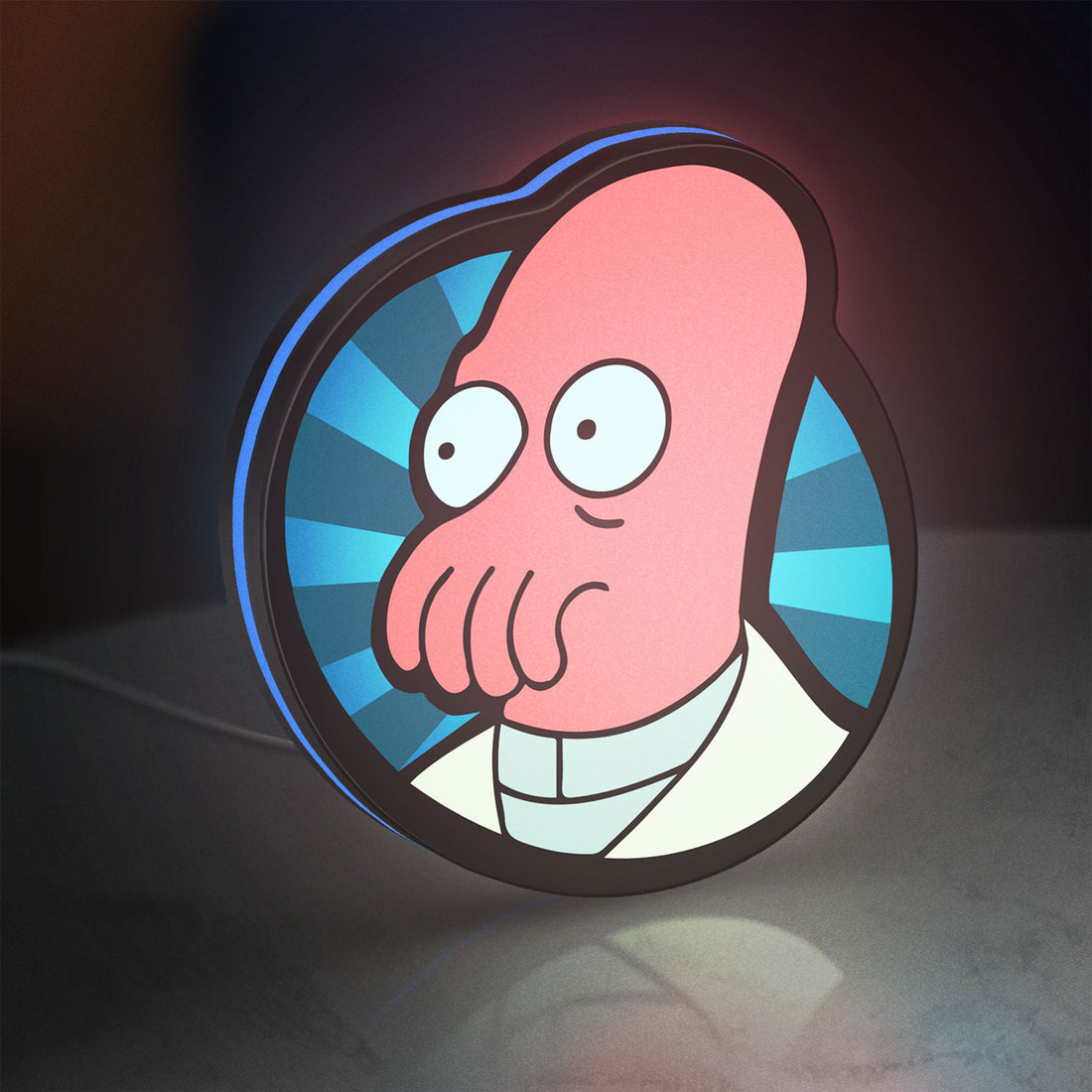 Futurama Doctor Zoidberg Comedy LED lightbox hanging on a wall with blue glow
