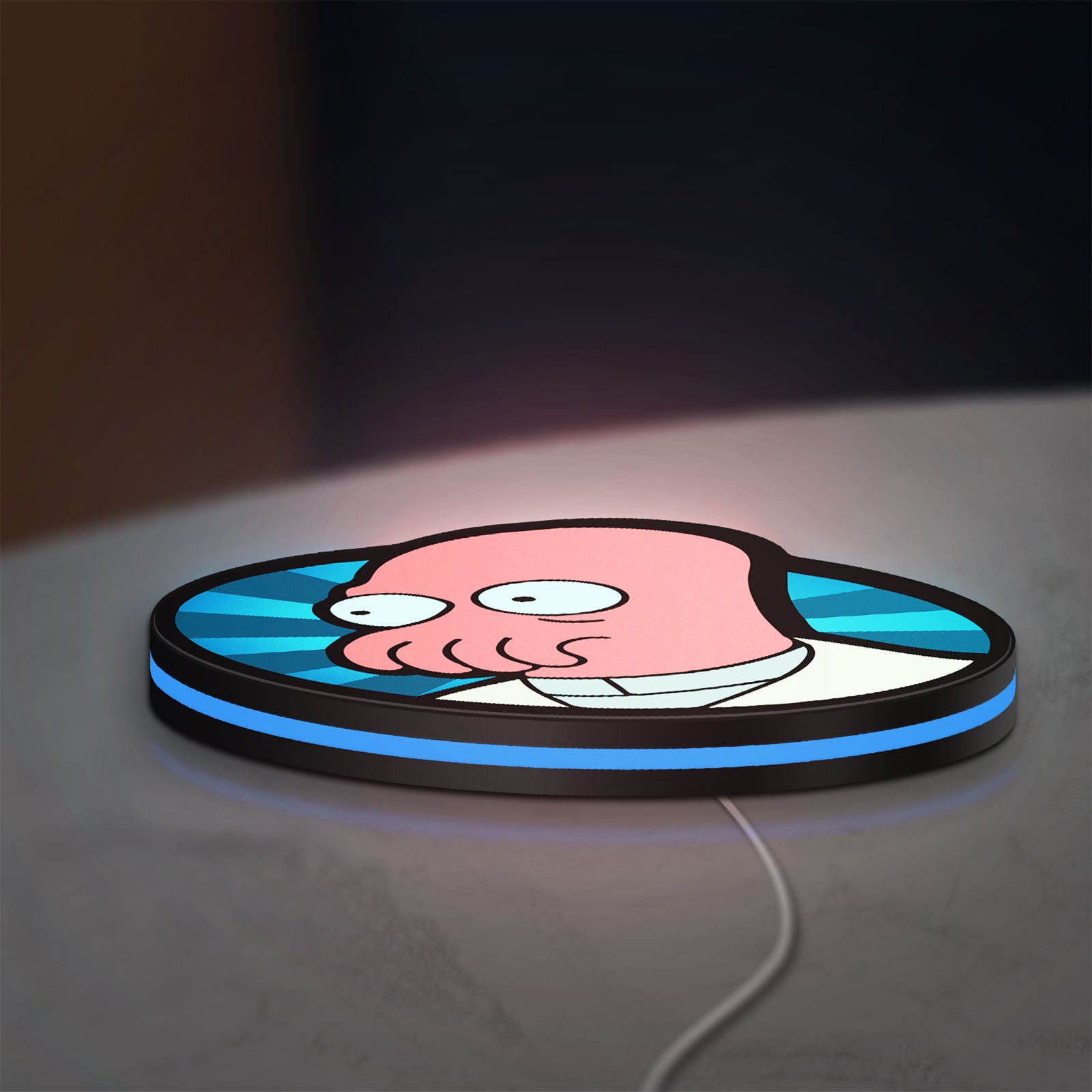 Futurama Doctor Zoidberg Comedy LED lightbox lying flat on a desk with blue glow