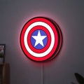 Captain America LED lightbox hanging on a wall with red glow