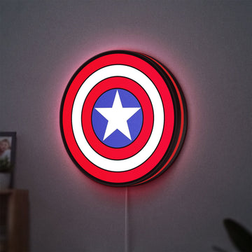 Captain America LED lightbox hanging on a wall with red glow