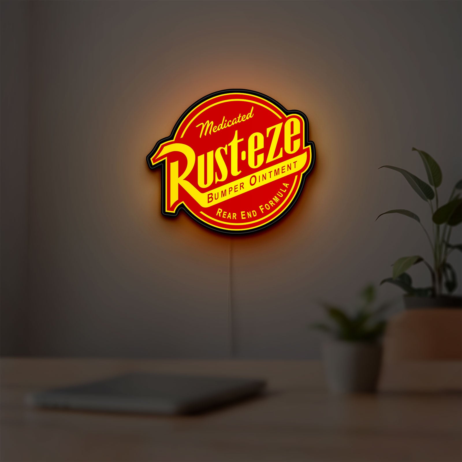 Rusteze LED lightbox hanging on a room wall with soft yellow light