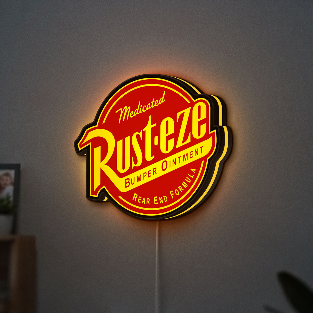 Rusteze LED lightbox hanging on a wall with yellow glow