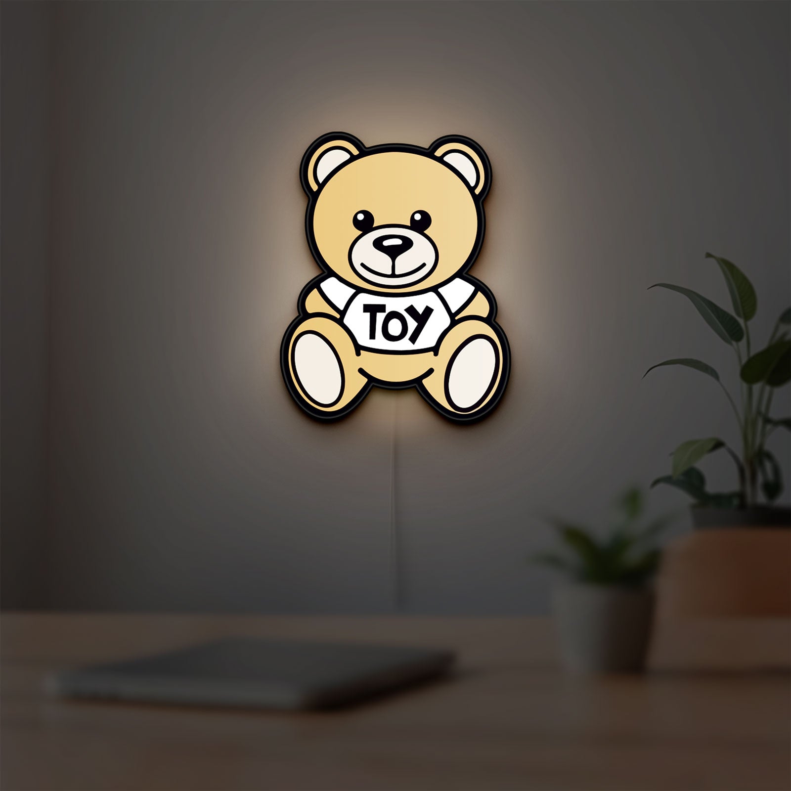 Oso Moschino Toy LED lightbox hanging on a room wall with soft white light