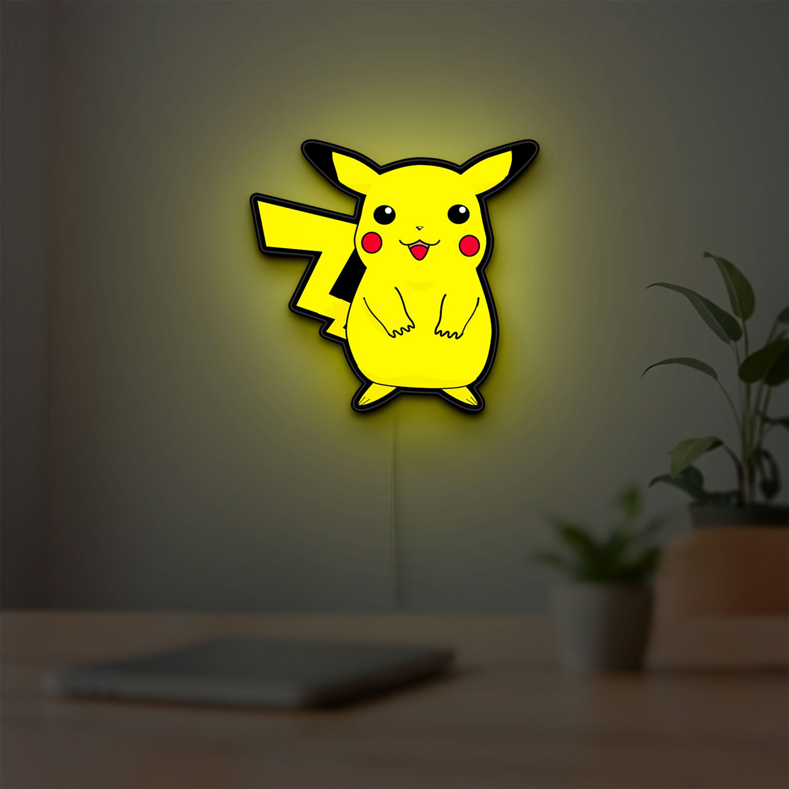 Pokemon LED lightbox hanging on a room wall with soft yellow light