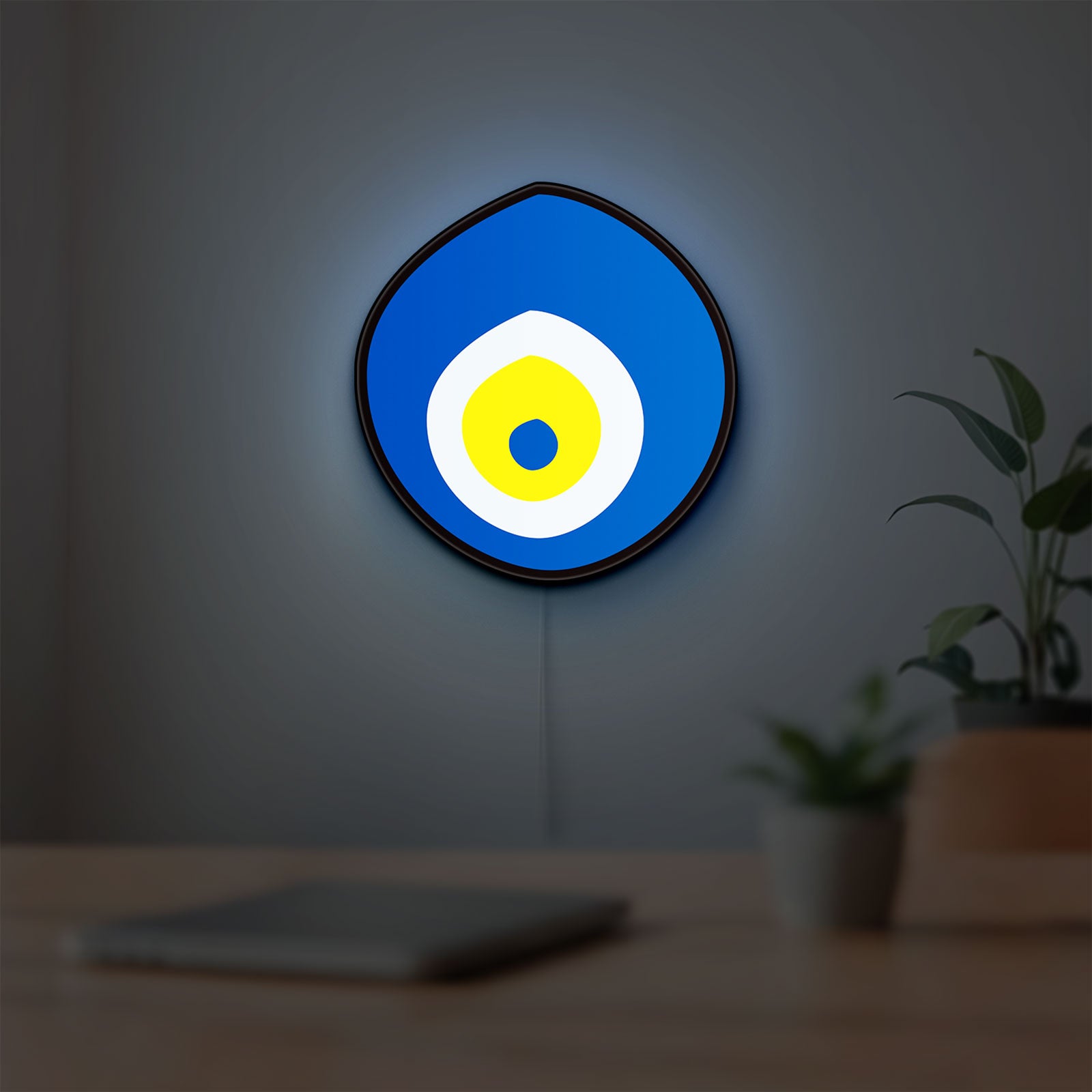 Nazar Boncugu LED lightbox hanging on a room wall with soft blue light
