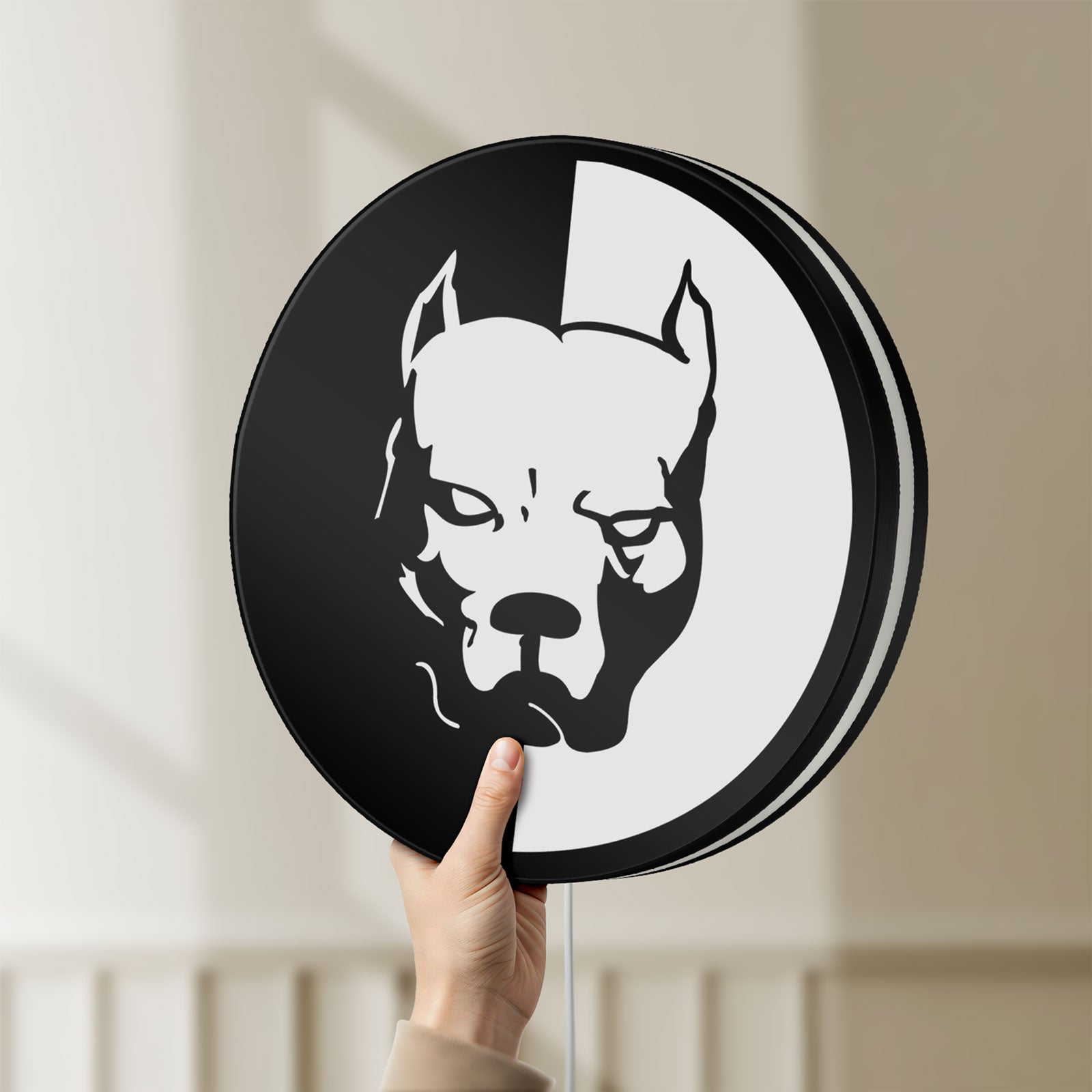 Unlit Pitbull Syndicate LED lightbox held by hand to show size and details
