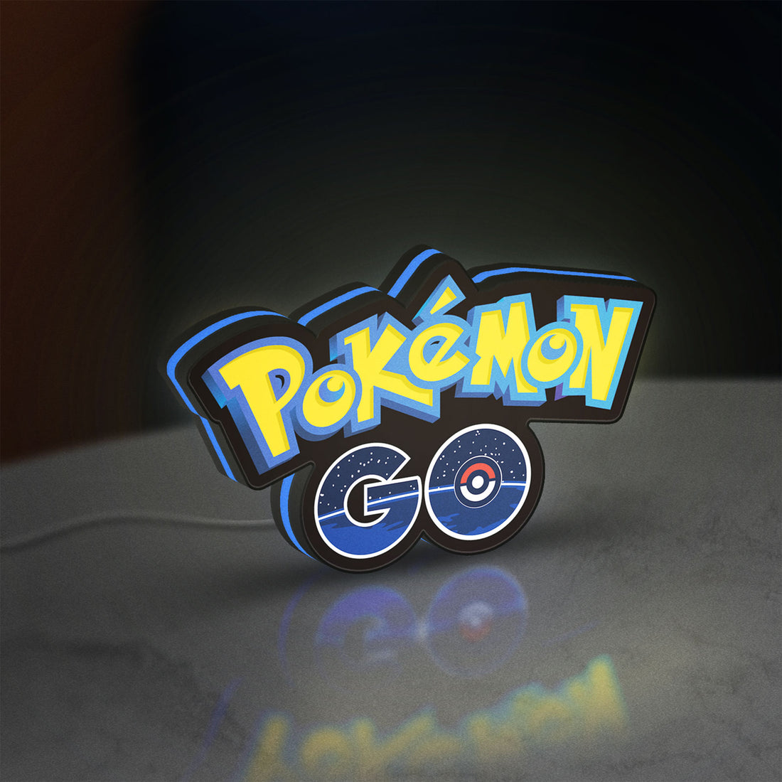 Pokemon GO LED lightbox hanging on a wall with blue glow