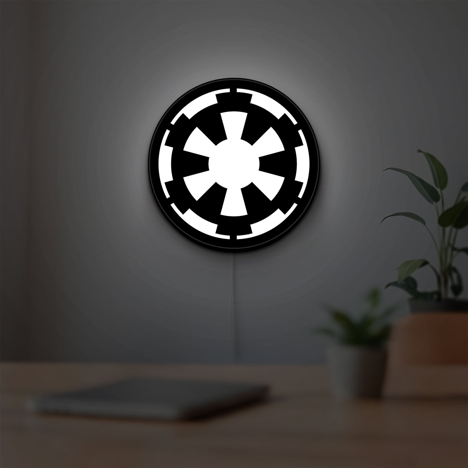 Galactic Empire LED lightbox hanging on a room wall with soft white light