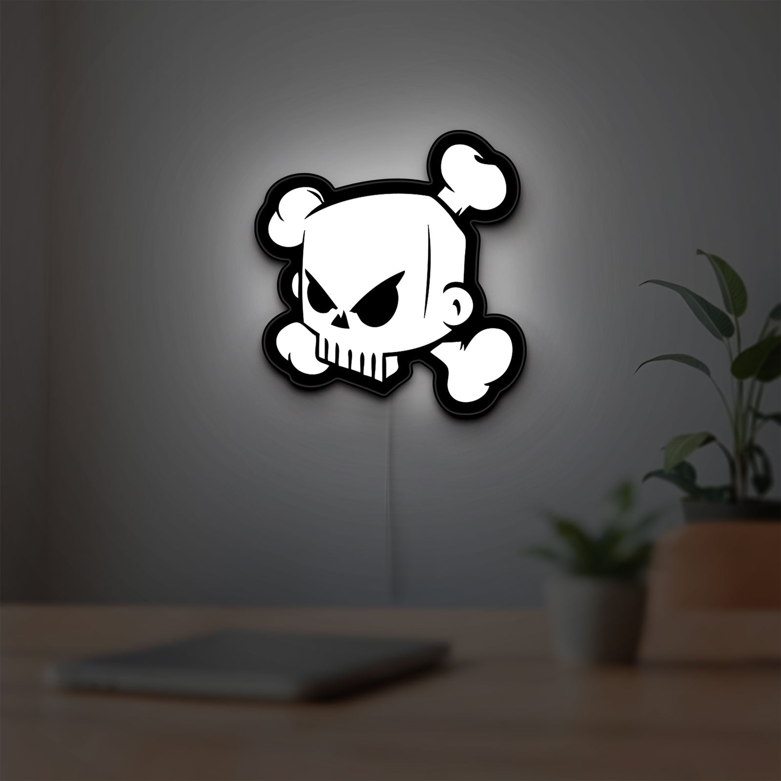 Ken Block Skull LED lightbox hanging on a room wall with soft white light