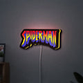 Spider-Man LED lightbox hanging on a wall with yellow glow