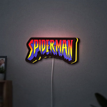 Spider-Man LED lightbox hanging on a wall with yellow glow