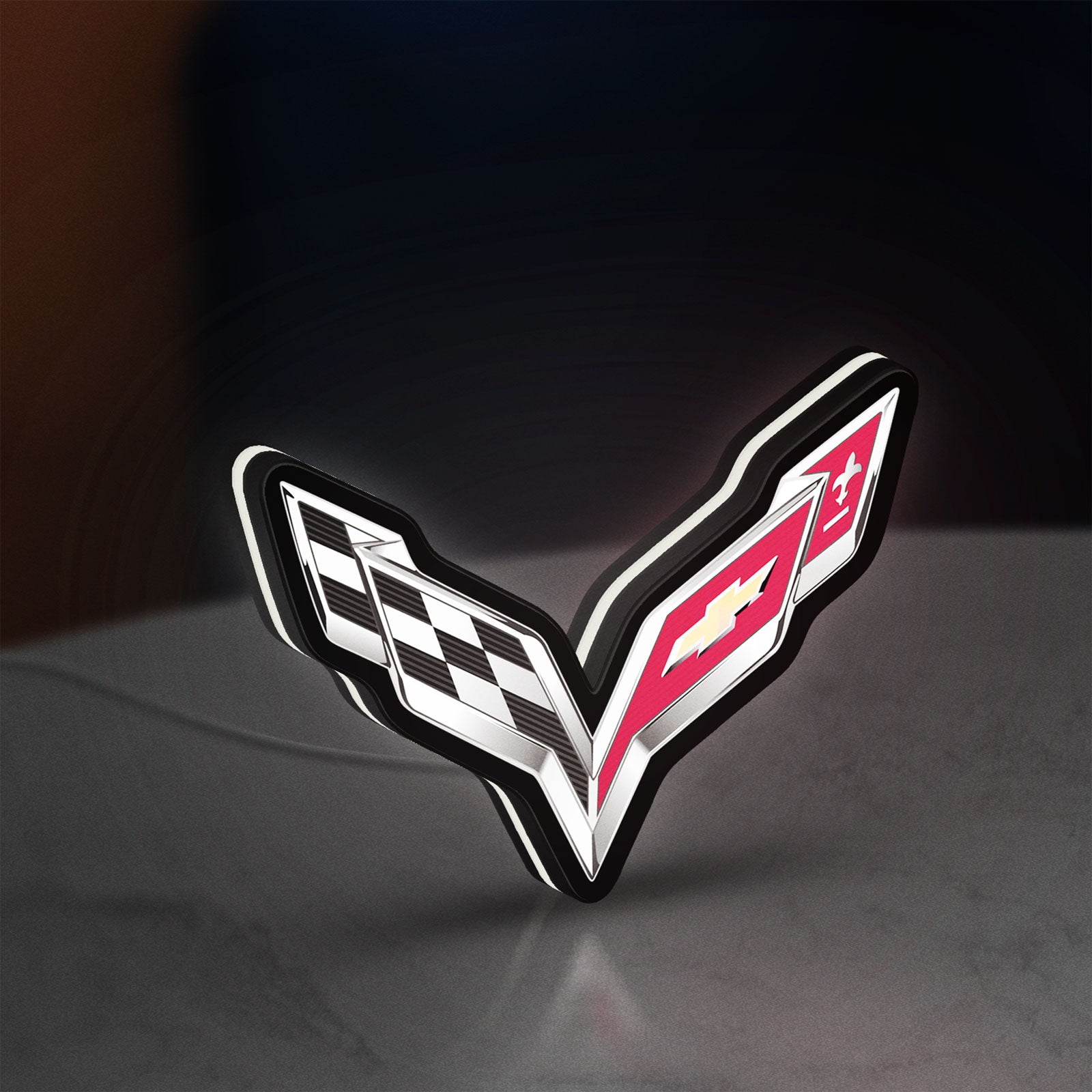 Corvette LED lightbox standing on a desk from an angled side view with white glow