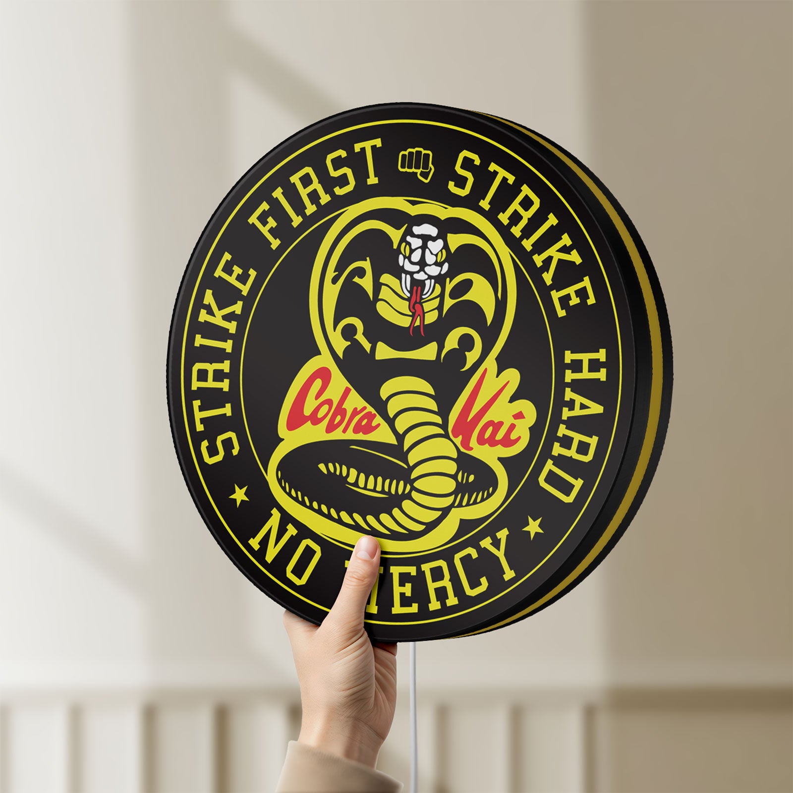 Unlit Cobra Kai LED lightbox held by hand to show size and details