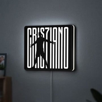 CR 7 Juventus LED lightbox hanging on a wall with white glow