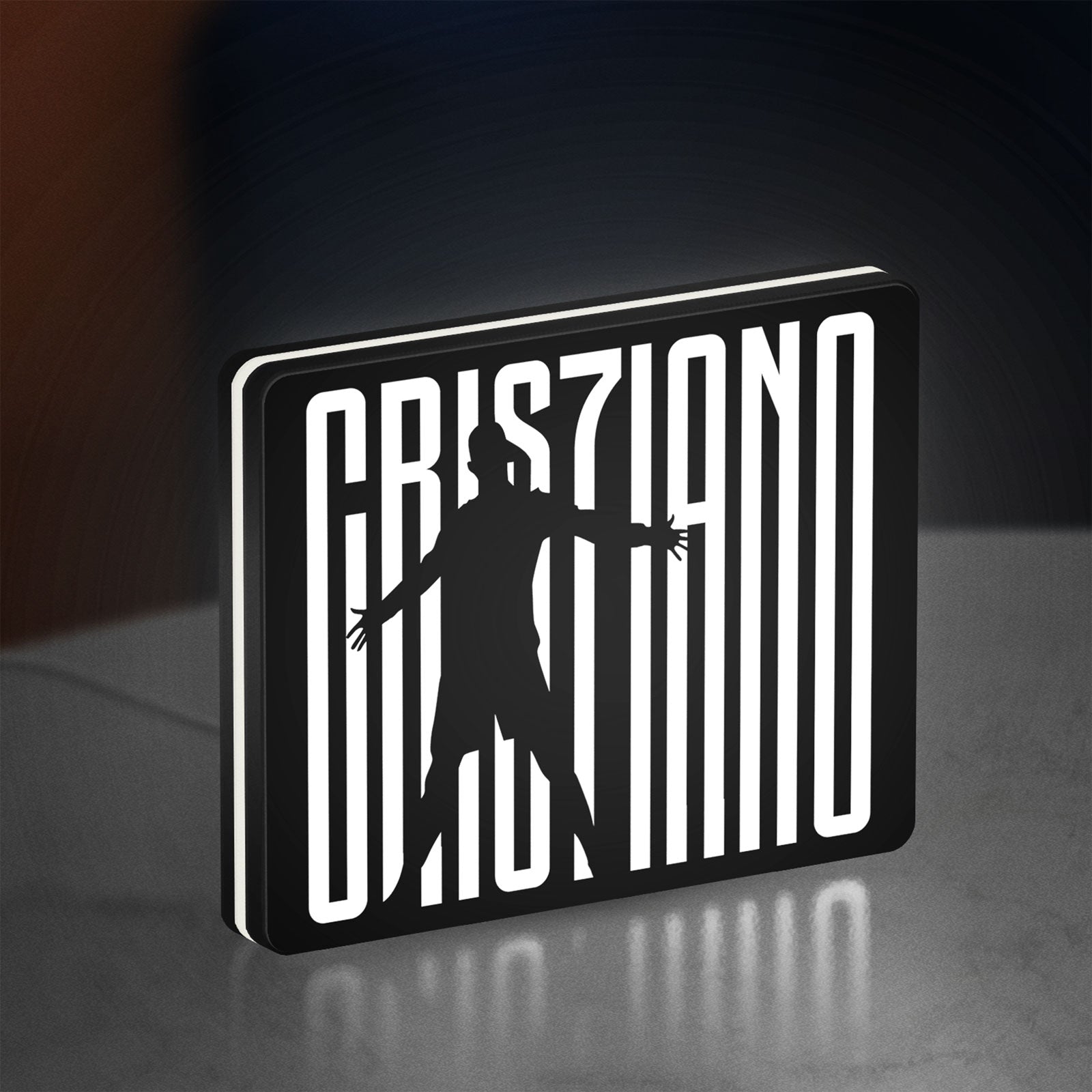 CR 7 Juventus LED lightbox standing on a desk from an angled side view with white glow