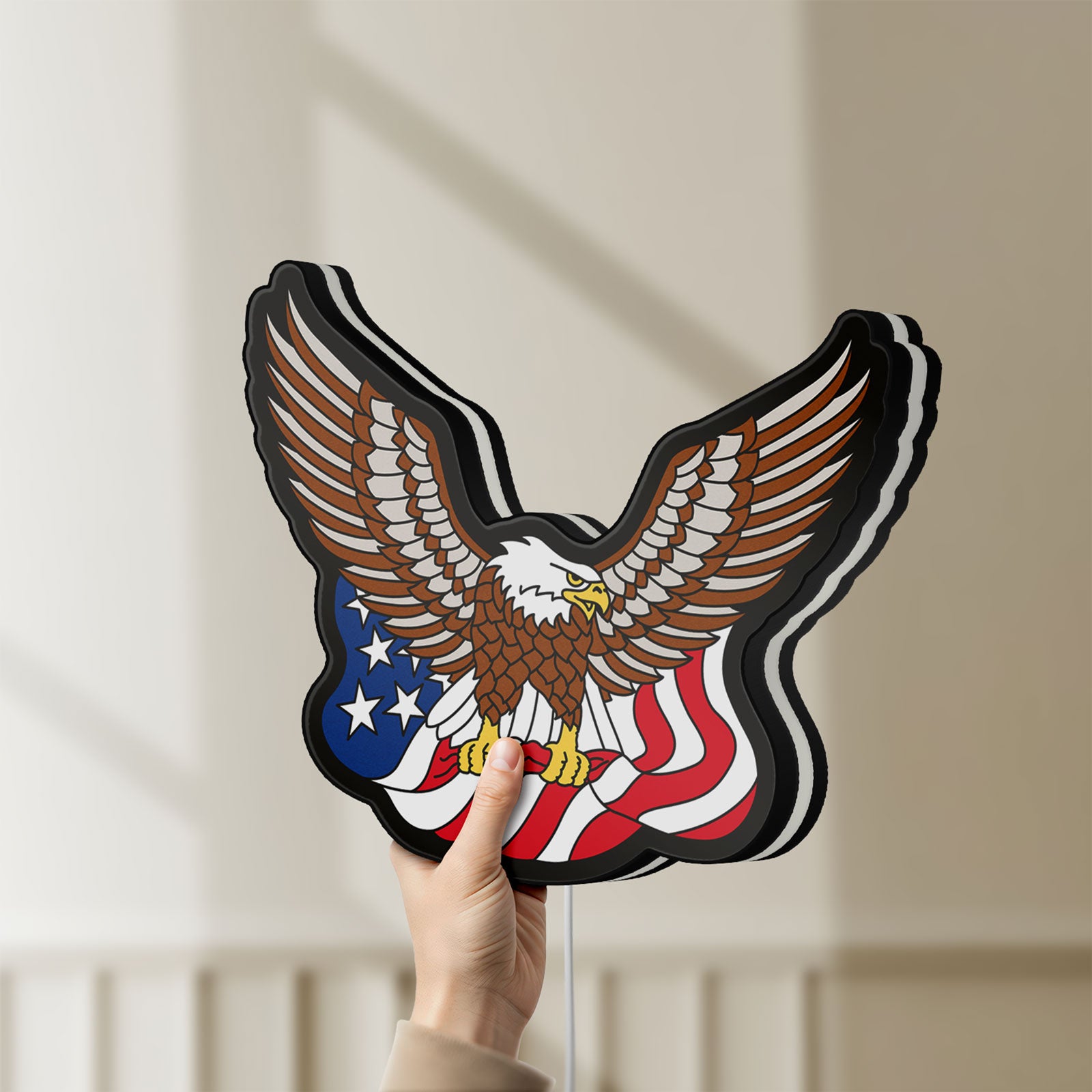 Unlit Eagle LED lightbox held by hand to show size and details