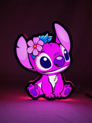 30cm Pink Stitch Glowing Wall Art - Illuminated front view standing, unique wall art for desk and room decor