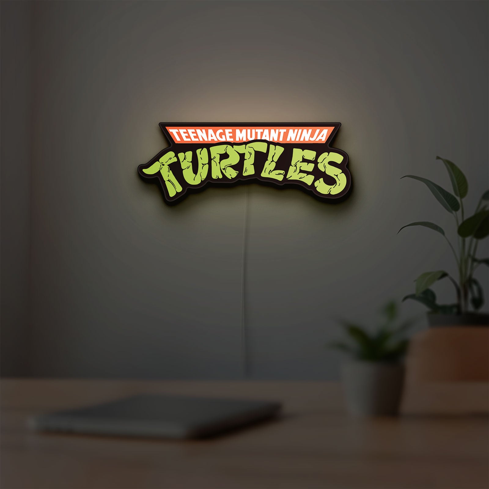 Turtles LED lightbox hanging on a room wall with soft green light