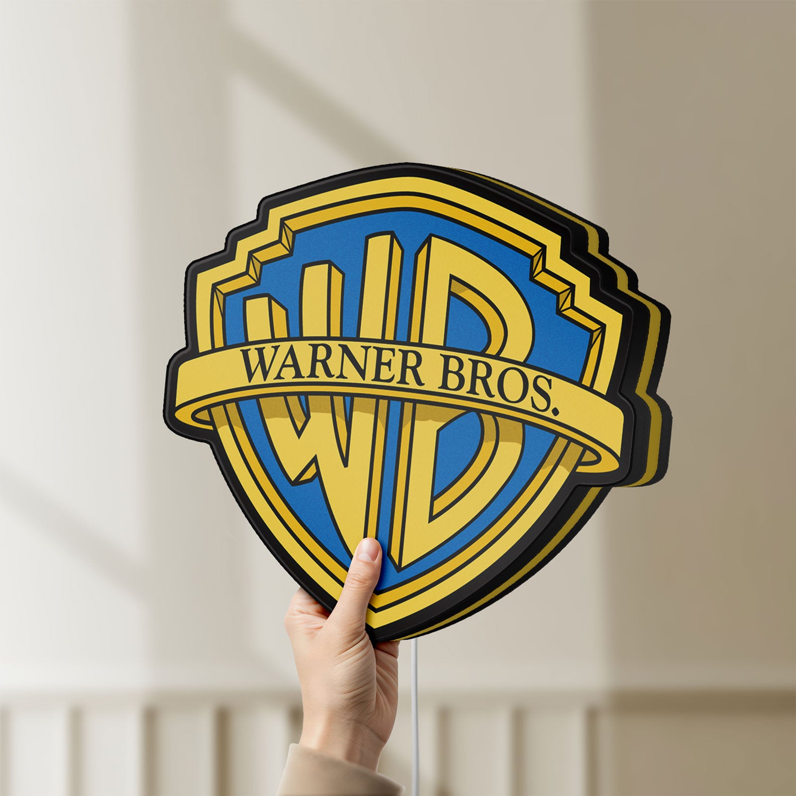 Unlit Warner Bros Shield LED lightbox held by hand to show size and details