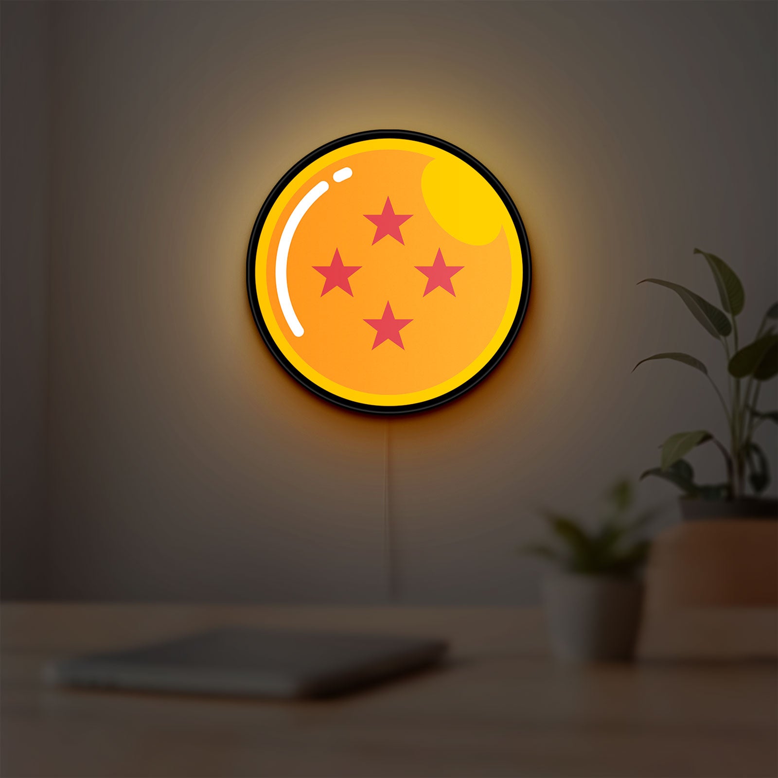 4 Star Dragon Ball LED lightbox hanging on a room wall with soft yellow light